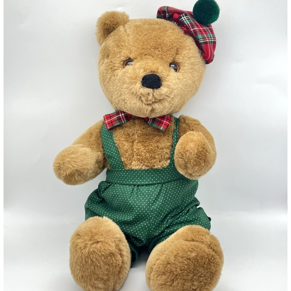 Vintage Plush Dakin Bear With Plaid Scottish Tartan Tam Hat & Overalls 15"